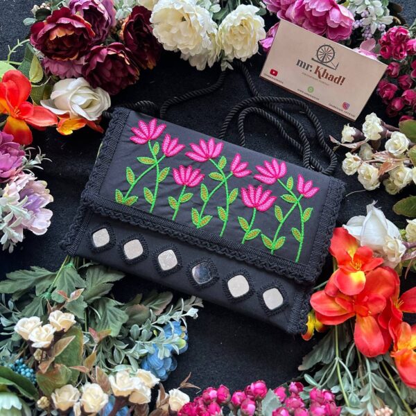 Handmade Black & Pink Flower Designer Purse - Image 2