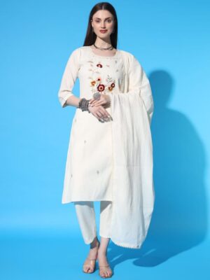 Khadi Cotton Hand Work Kurti Pant and Dupatta Set