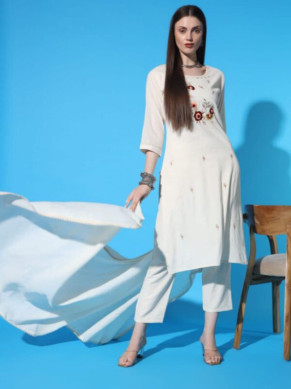 Khadi Cotton Hand Work Kurti Pant and Dupatta Set - Image 6