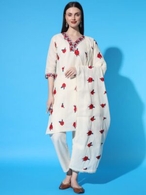 Red Flower Khadi Cotton Designer Kurti Pant Set