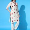 Red Flower Khadi Cotton Designer Kurti Pant Set - Image 2