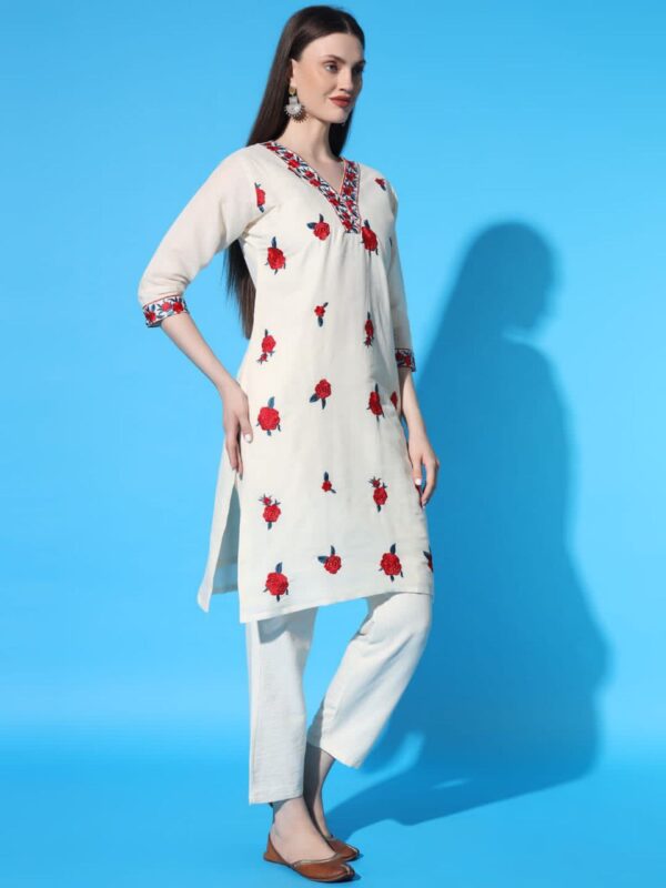 Red Flower Khadi Cotton Designer Kurti Pant Set - Image 2