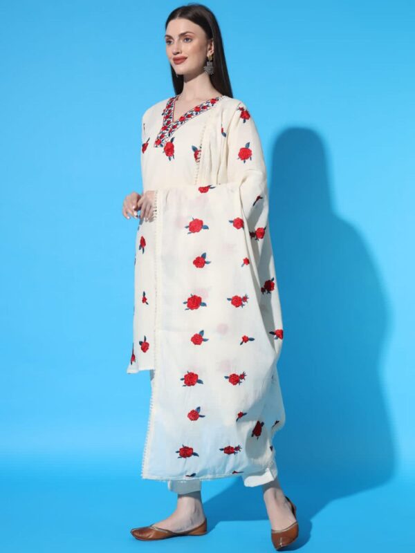 Red Flower Khadi Cotton Designer Kurti Pant Set - Image 3