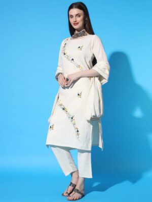Colorful Handwork Khadi Cotton Kurti Pant and Dupatta Set