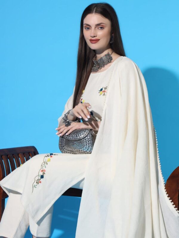 Colorful Handwork Khadi Cotton Kurti Pant and Dupatta Set - Image 4