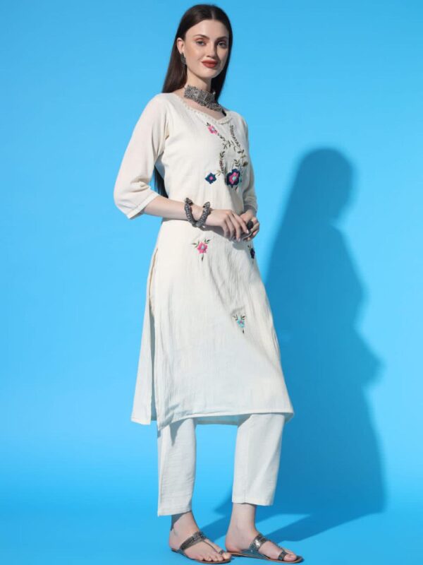 New Launching Cotton Khadi Embroidered Kurti Pant And Dupta Set - Image 2
