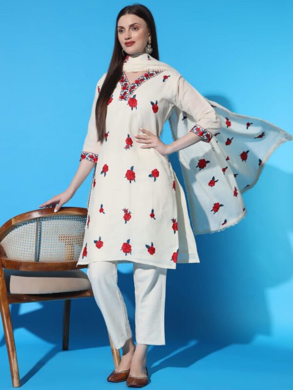 Red Flower Khadi Cotton Designer Kurti Pant Set - Image 6
