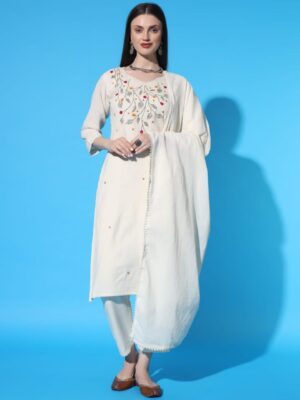 Flower Desgin Khadi Cotton Kurti Pant With Duppta  Set