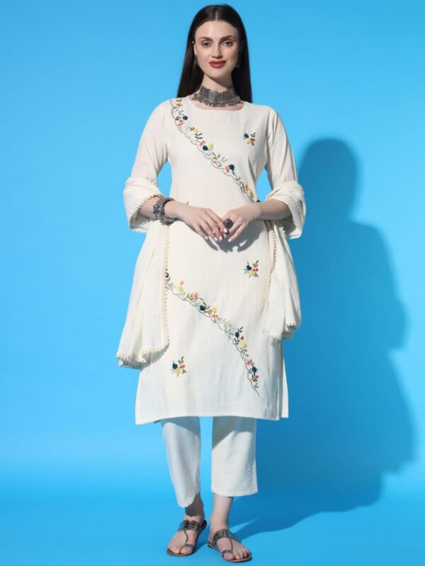 Colorful Handwork Khadi Cotton Kurti Pant and Dupatta Set - Image 9