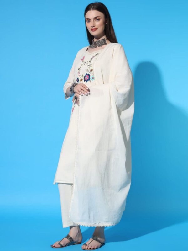 New Launching Cotton Khadi Embroidered Kurti Pant And Dupta Set - Image 4