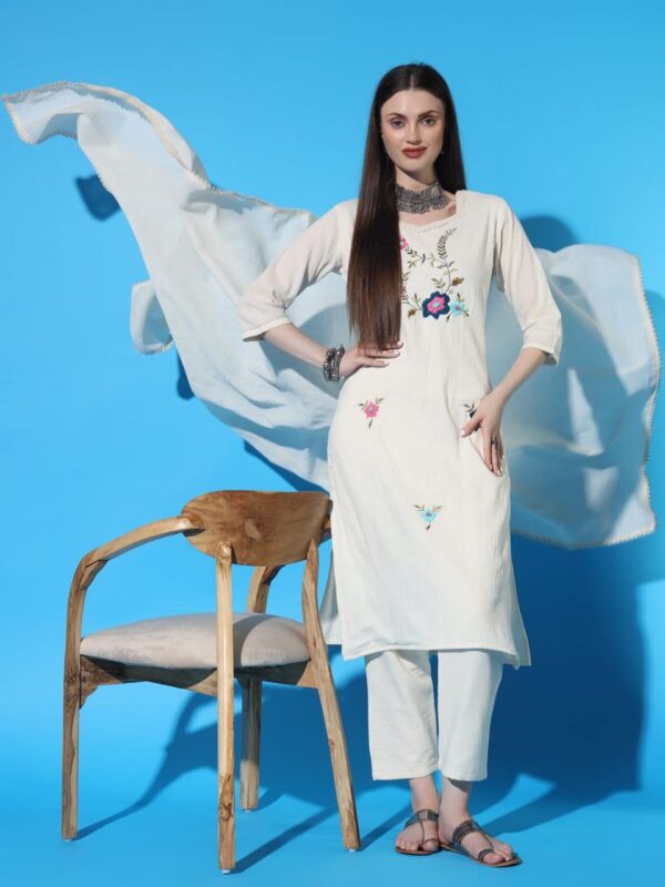 New Launching Cotton Khadi Embroidered Kurti Pant And Dupta Set - Image 5