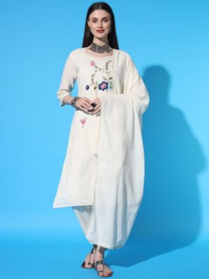 New Launching Cotton Khadi Embroidered Kurti Pant And Dupta Set