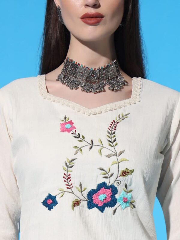New Launching Cotton Khadi Embroidered Kurti Pant And Dupta Set - Image 6