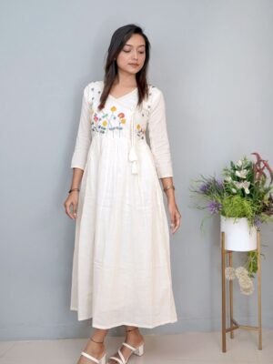 Pure Khadi Cotton Threads Work Full Flair Dress