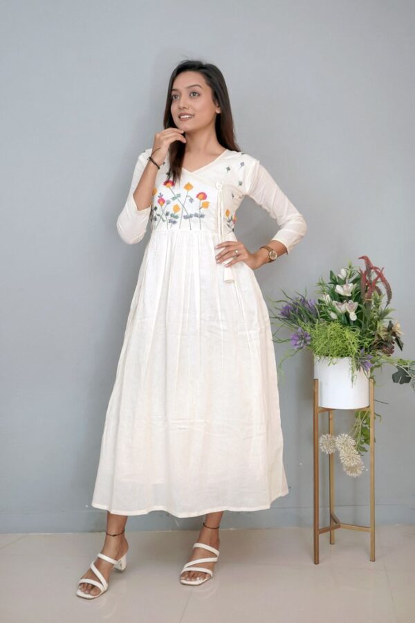 Pure Khadi Cotton Threads Work Full Flair Dress - Image 3