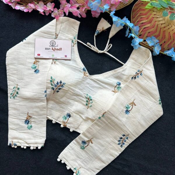 Pure Camric Khadi Cotton Blue Flower Designer Blouse