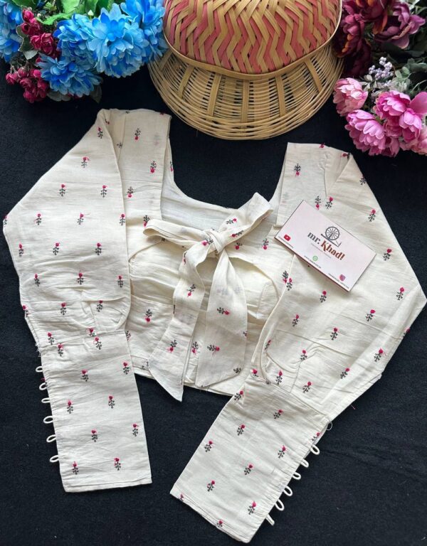 Pure Camric Khadi Cotton Pink Flower Design Blouse - Image 2