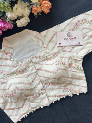 Pure Camric Khadi Cotton Fabric With Multi Sequence Embroidery Work Blouse