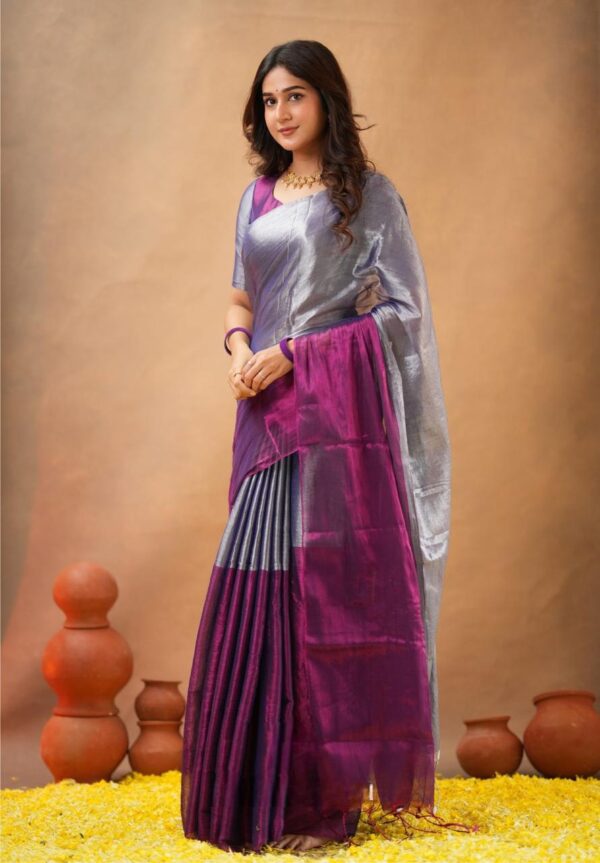 Tissue Cotton Half/Half Desginer Saree - Image 2