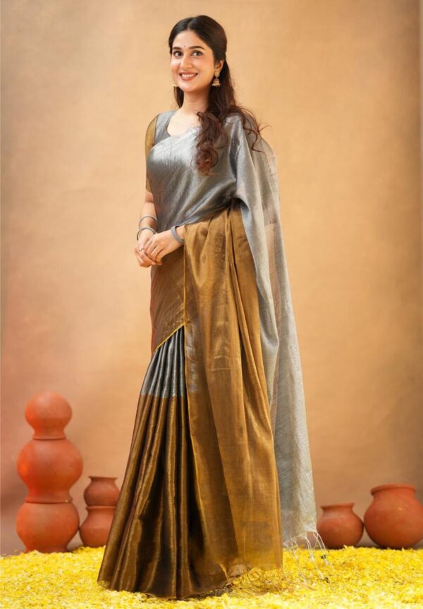 Tissue Cotton Half/Half New Desginer Saree - Image 4