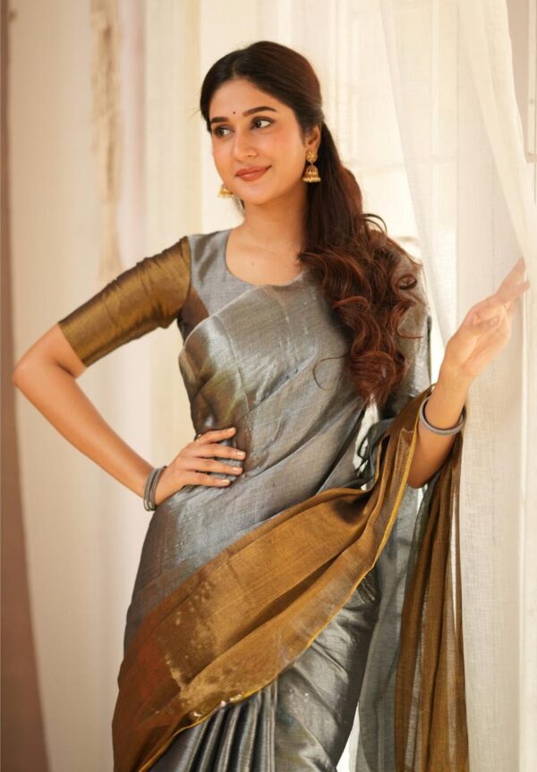Tissue Cotton Half/Half New Desginer Saree - Image 6
