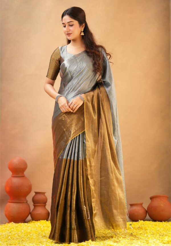 Tissue Cotton Half/Half New Desginer Saree - Image 7