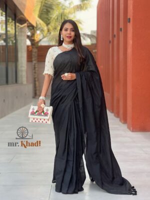 Khadi Cotton Saree With A Shreenathji Patch Designer Blouse With Handmade Purse Combo
