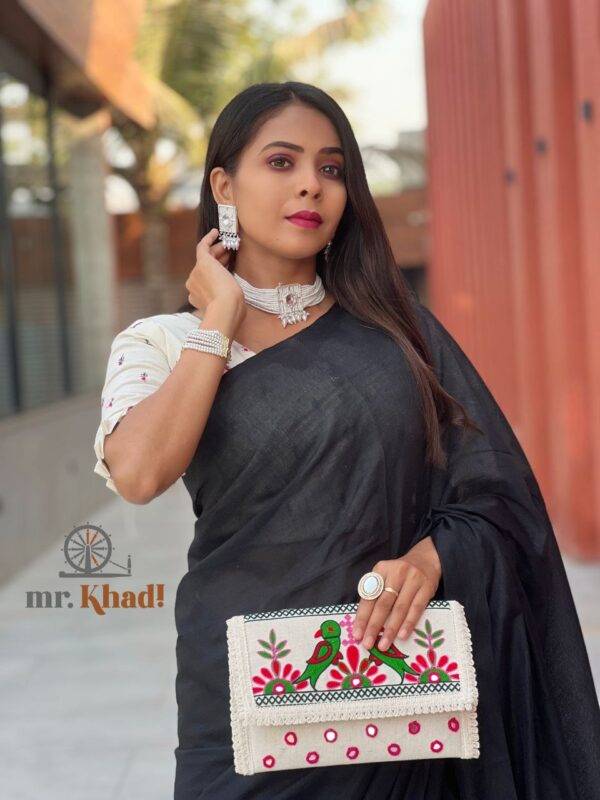 Khadi Cotton Saree With A Shreenathji Patch Designer Blouse With Handmade Purse Combo - Image 2