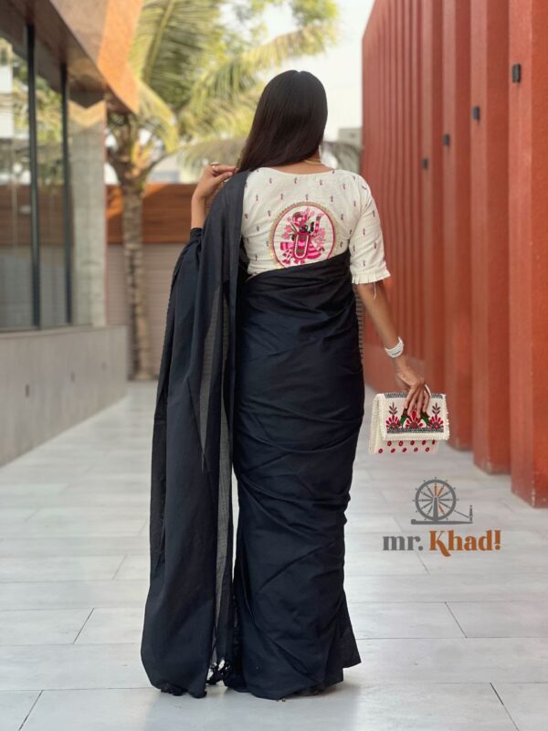 Khadi Cotton Saree With A Shreenathji Patch Designer Blouse With Handmade Purse Combo - Image 4
