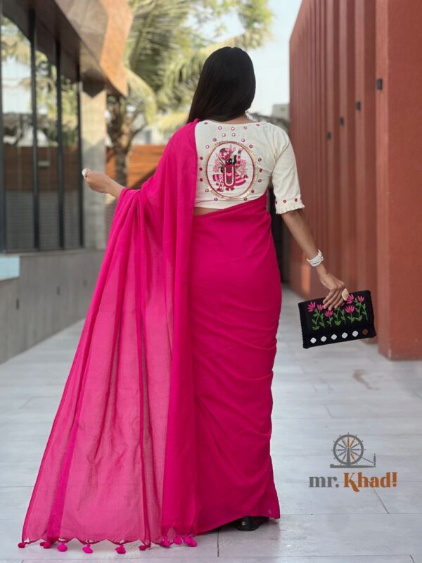 Khadi Cotton Saree And Blouse With Purse Set - Image 4