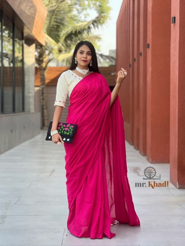 Khadi Cotton Saree And Blouse With Purse Set - Image 5