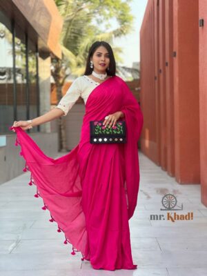 Khadi Cotton Saree And Blouse With Purse Set