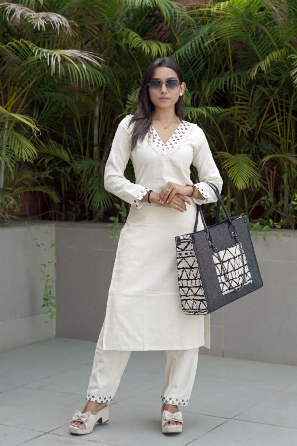Khadi Cotton Foli Mirror V Neck Kurti And Pant Set